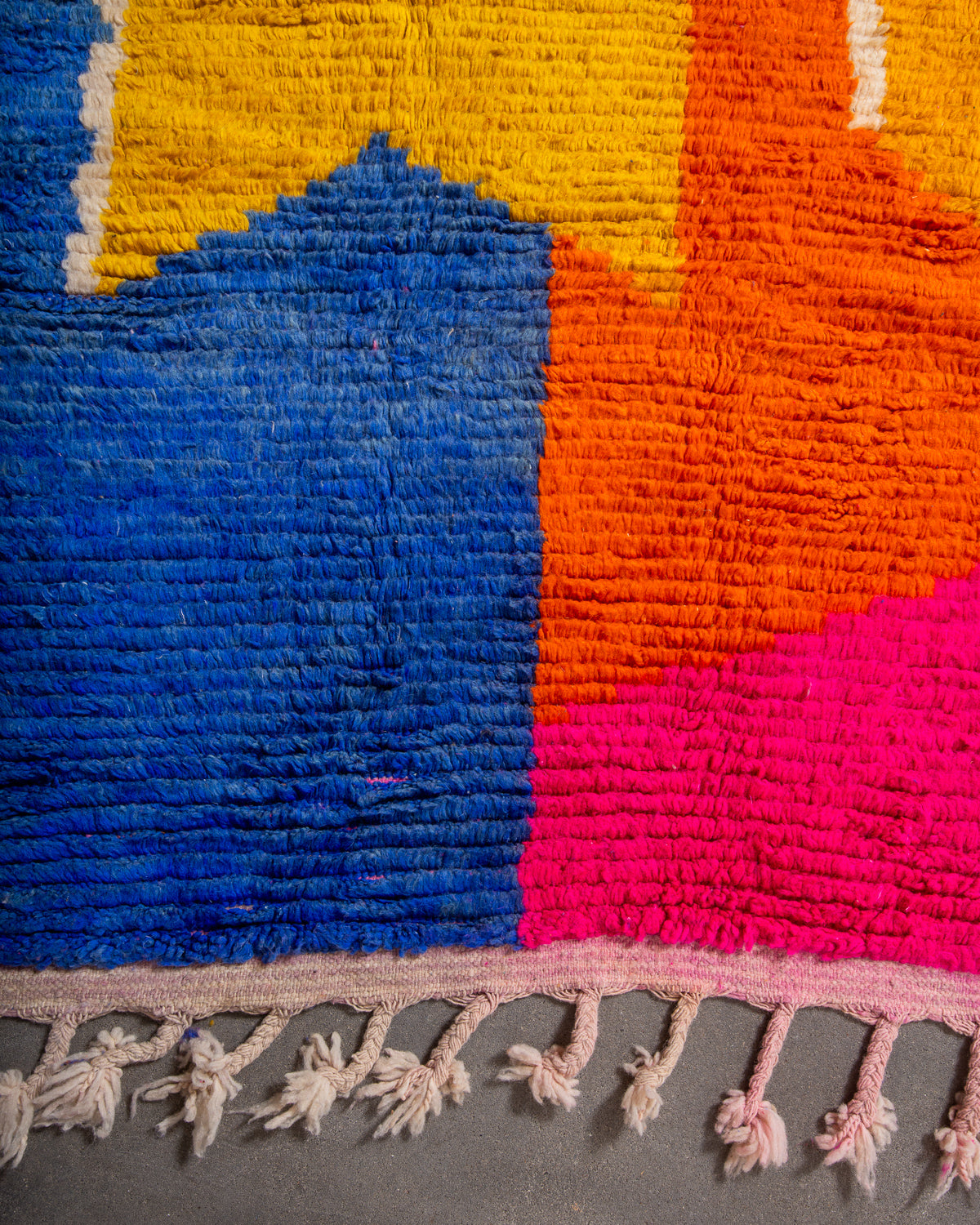 Modern, designer, handcrafted Berber rug from Morocco. Vintage carpet with beautiful colours and patterns and fluffy texture.